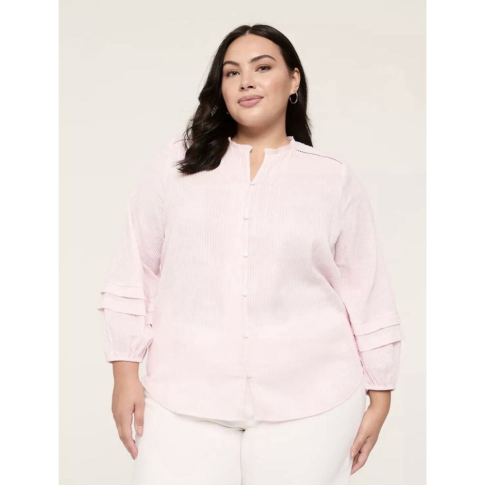 Lane Bryant Pink Clip Dot Detail Rib Button-Down Blouse Shirt Size 16